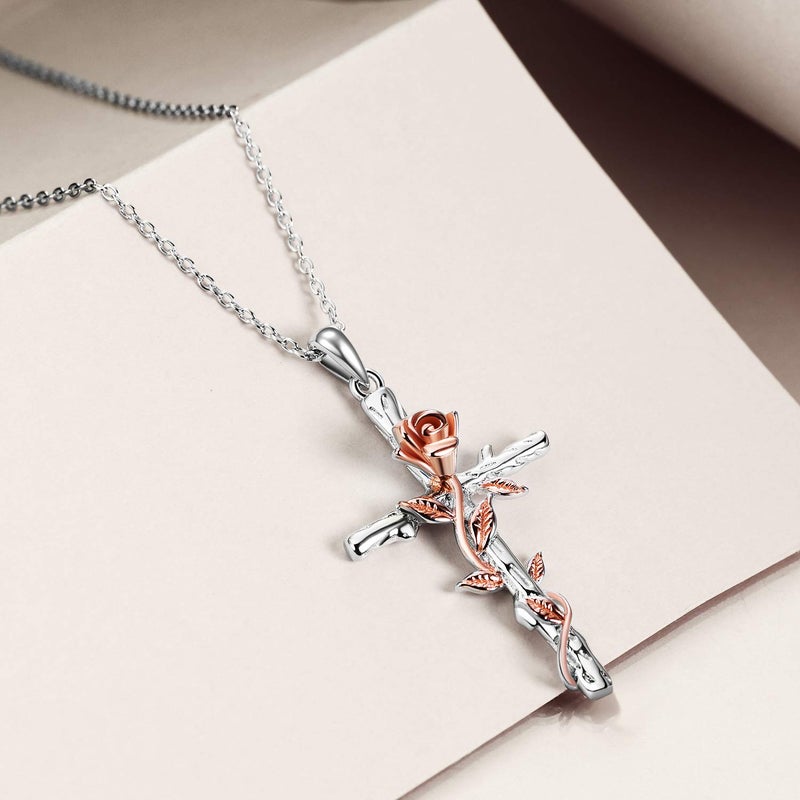 LUHE Women Cross Necklace Sterling Silver Rose/Daisy Flower Religious Cross Pendant Necklace Jewelry Gifts - Image 3